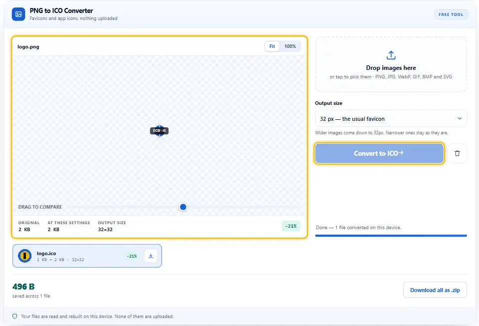 محوّل PNG إلى ICO بعد التحويل يعرض شعاراً تحول إلى أيقونة مع تمييز المعاينة وزر التحويل إلى ICO