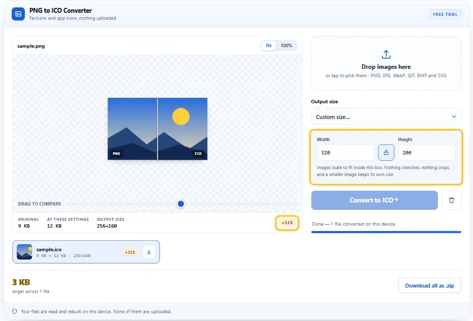 PNG to ICO converter with a custom width of 320 pixels set for the source picture, and the size shown in the result bar