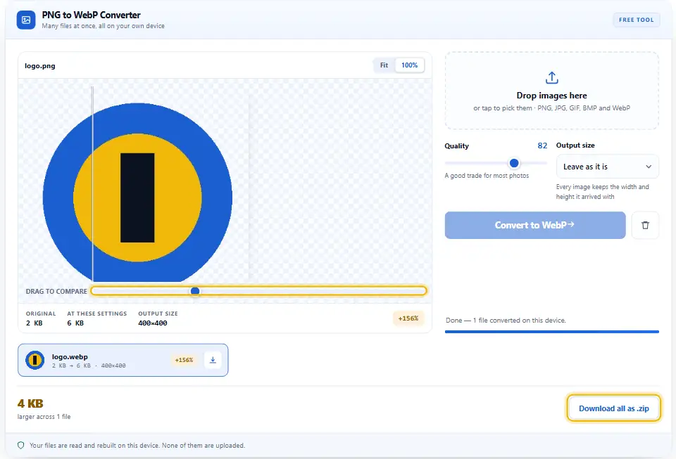 Conversor de PNG a WebP con zoom a píxeles reales, el control de comparación a la izquierda y el botón de descargar todo en ZIP marcado