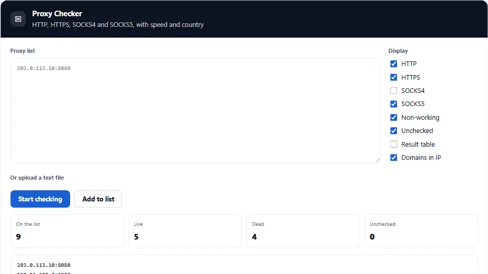 Anzeige-Optionen im Proxy Checker mit Typfiltern, einfacher Ergebnisliste und Export-Schaltflächen Anzeige-Optionen im Proxy Checker mit Typfiltern, einfacher Ergebnisliste und Export-Schaltflächen