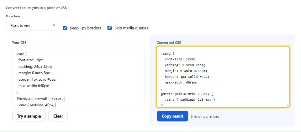 محول px إلى rem مع مقطع CSS على اليمين والـ CSS نفسه بقياسات rem على اليسار