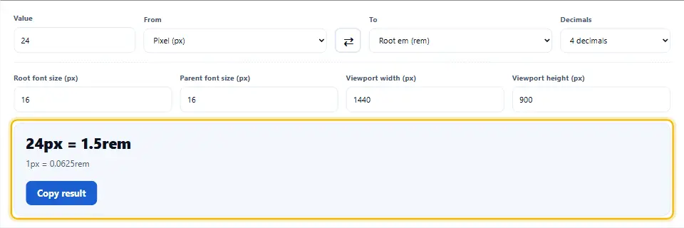 محول px إلى rem يعرض 24 بكسلًا على أنها 1.5 rem مع جدول للقيمة نفسها في كل وحدة CSS