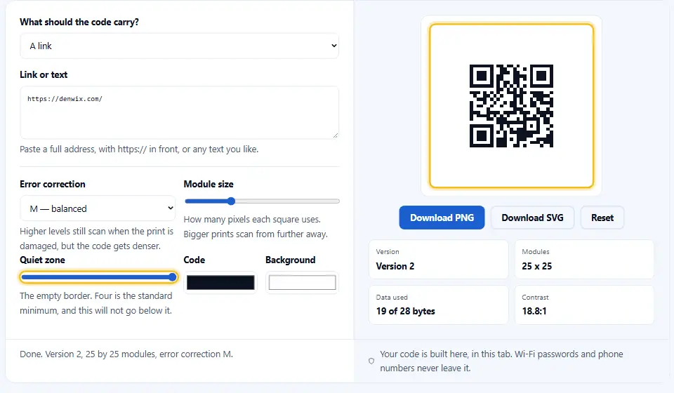 Código QR con un borde en blanco ancho a su alrededor y el campo del tamaño del borde resaltado, que muestra la zona de silencio que necesitan los lectores