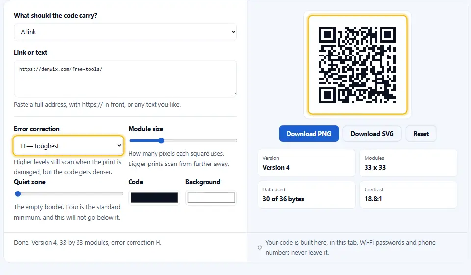 Générateur de QR codes au niveau de correction d’erreur le plus élevé, qui rend le code plus dense