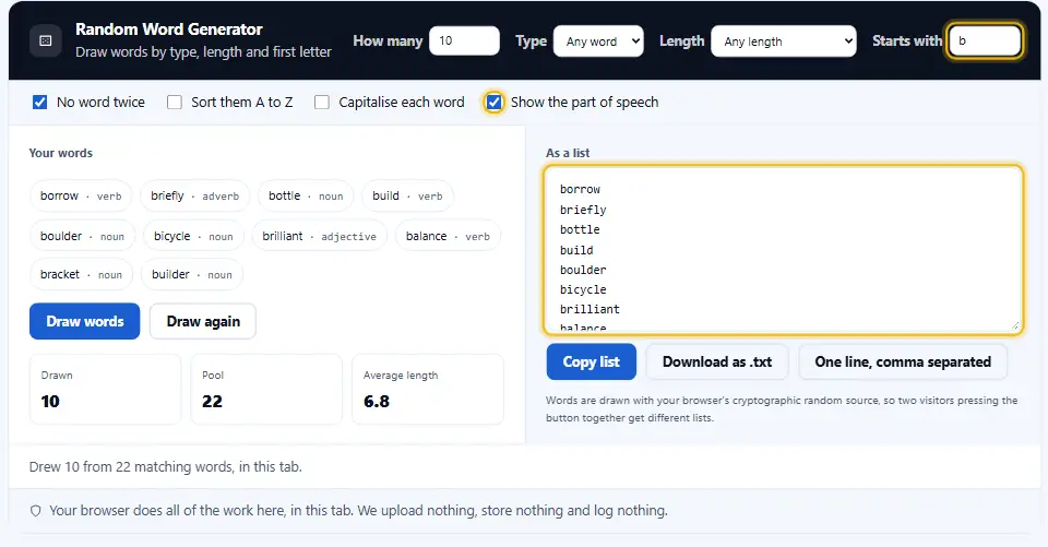 Random word generator limited to words that start with the letter b, with short meanings shown beside each word