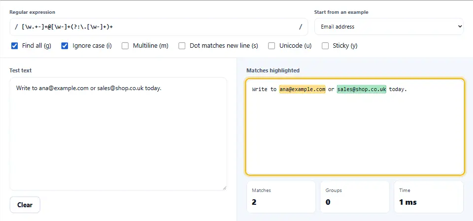 Regex-Tester mit einem E-Mail-Muster, einem Testtext mit zwei markierten Adressen und der Trefferliste darunter