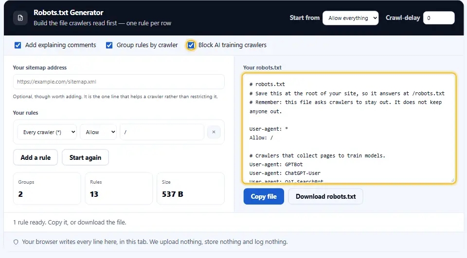 Generatore di robots.txt con l’opzione dei crawler IA attiva, che aggiunge regole per i bot IA noti al file di output