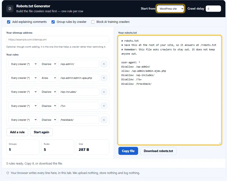 Robots.txt-Generator mit gewählter WordPress-Vorlage und der fertigen robots.txt-Datei im Ausgabefeld