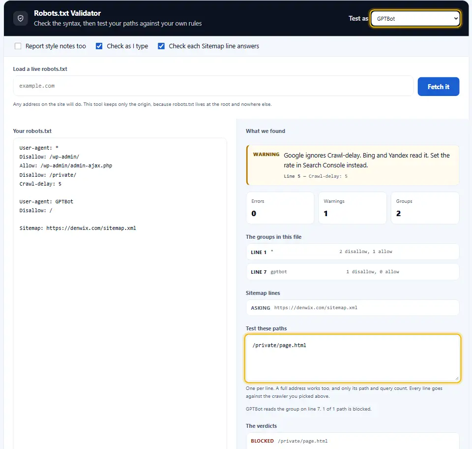 مدقّق robots.txt مع اختيار وكيل GPTBot وكتابة مسار لاختبار ما إذا كان يُسمح لذلك البوت بجلب الصفحة