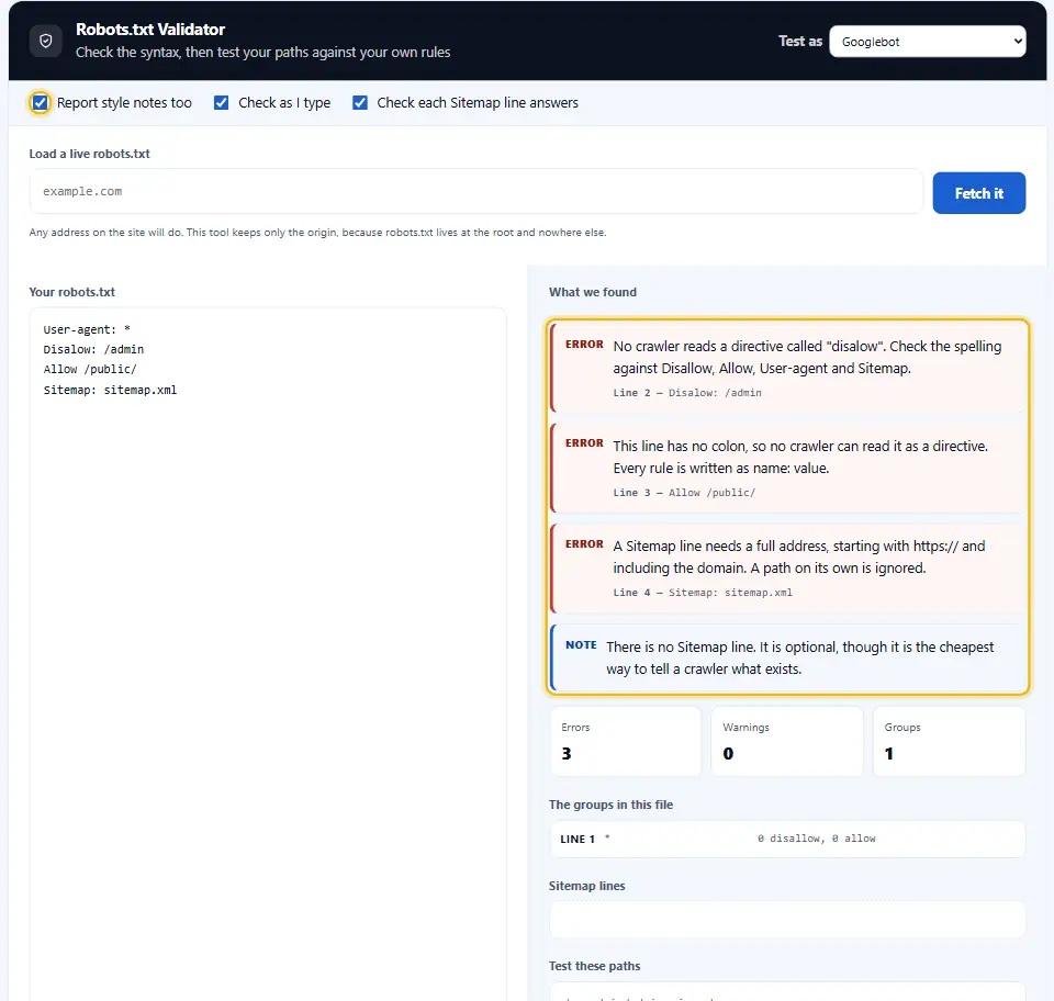 مدقّق robots.txt في الوضع الصارم مع ملف فيه خطأ إملائي ونقطتان رأسيتان مفقودتان وظهور الأخطاء في التقرير