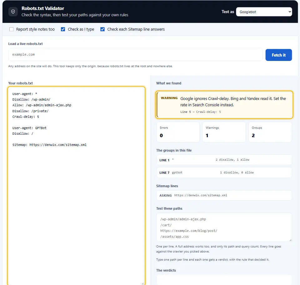 Validatore di robots.txt con un file incollato a sinistra e un report delle righe controllate e dei risultati a destra