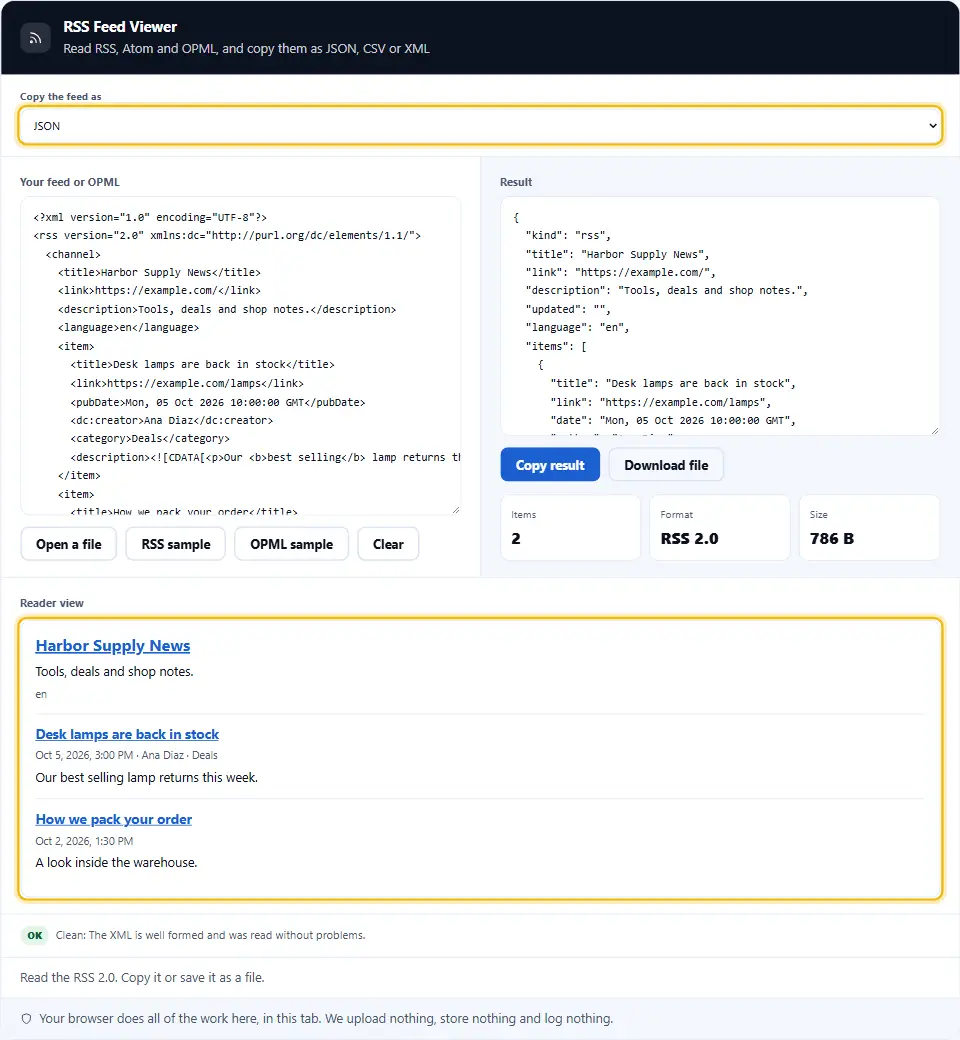 Lettore di feed RSS che legge un feed RSS e lo copia come JSON, con la vista di lettura delle voci sotto