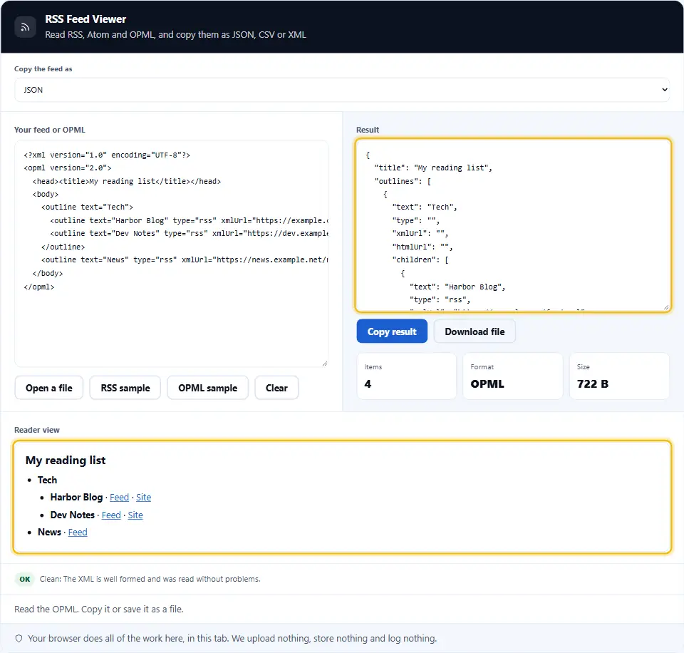 Lettore di feed RSS che legge un file OPML, con una cartella di feed come elenco annidato e il JSON accanto