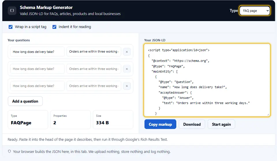 Schema-Markup-Generator mit gewähltem FAQ-Typ, der Frage- und Antwortfelder und den JSON-LD-Code in der Ausgabe zeigt