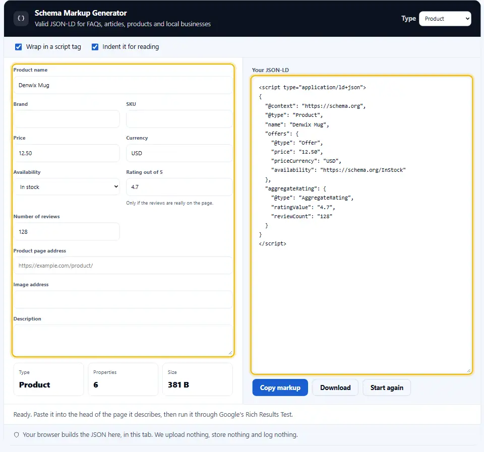 Schema-Markup-Generator mit gewähltem Produkttyp und ausgefülltem Namen, Preis und Bewertung und dem Code in der Ausgabe