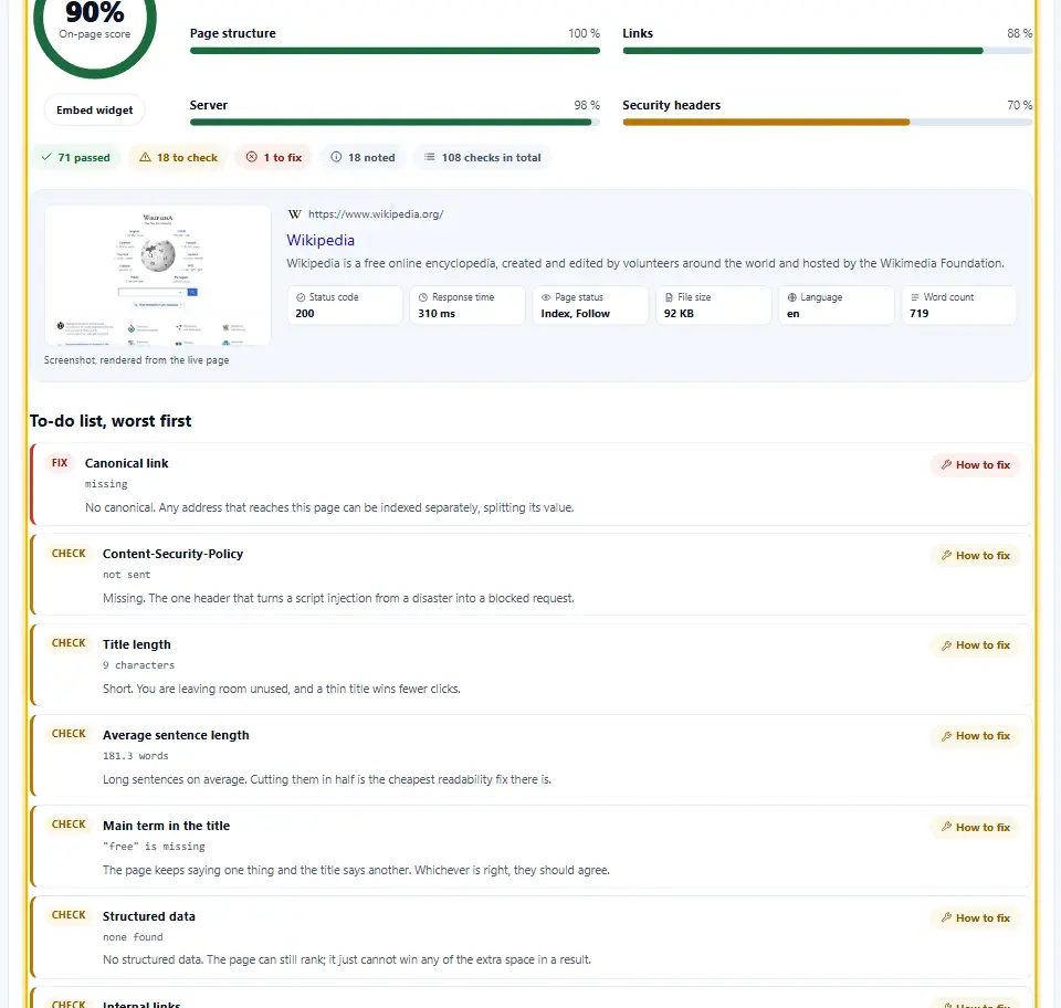 SEO-Checker mit hervorgehobenen Schaltflächen zum Kopieren und Herunterladen des Berichts unter der Liste der Prüfungen