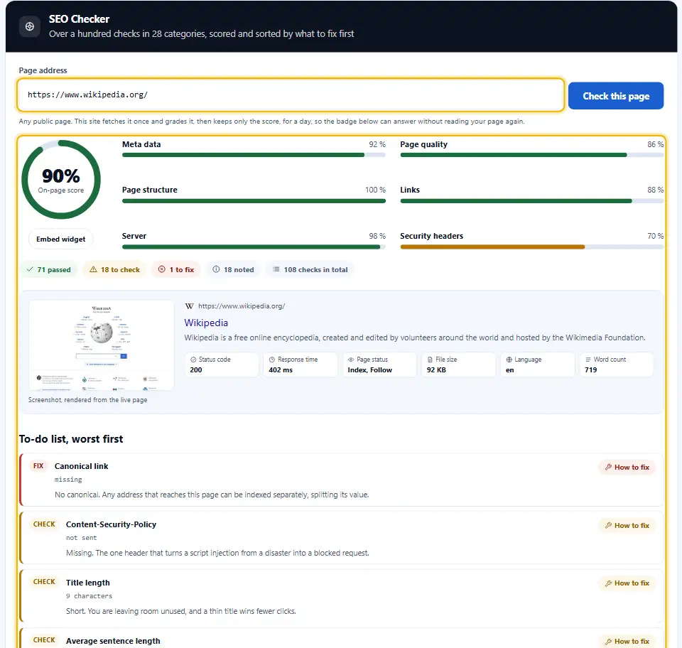 SEO checker after a run on a web address, with the address box and the score and grouped results highlighted