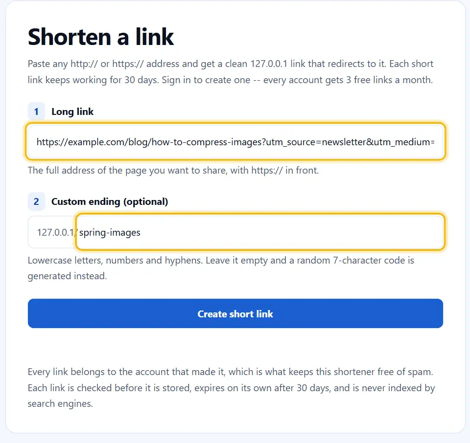Modulo del generatore di link brevi con un lungo indirizzo di campagna digitato e una terminazione personalizzata scelta per il link breve