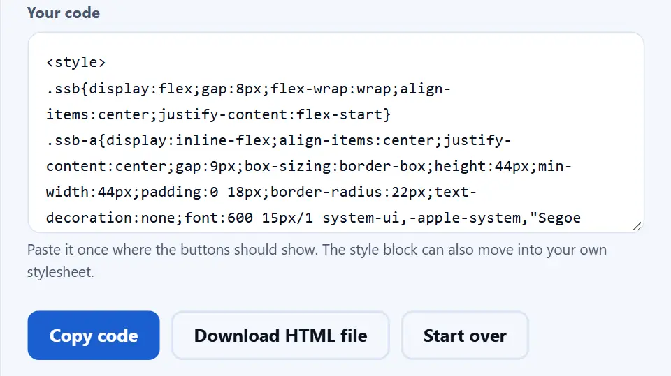 HTML für Social-Media-Icons: erzeugter Button-Code mit Style-Block, fertig zum Kopieren