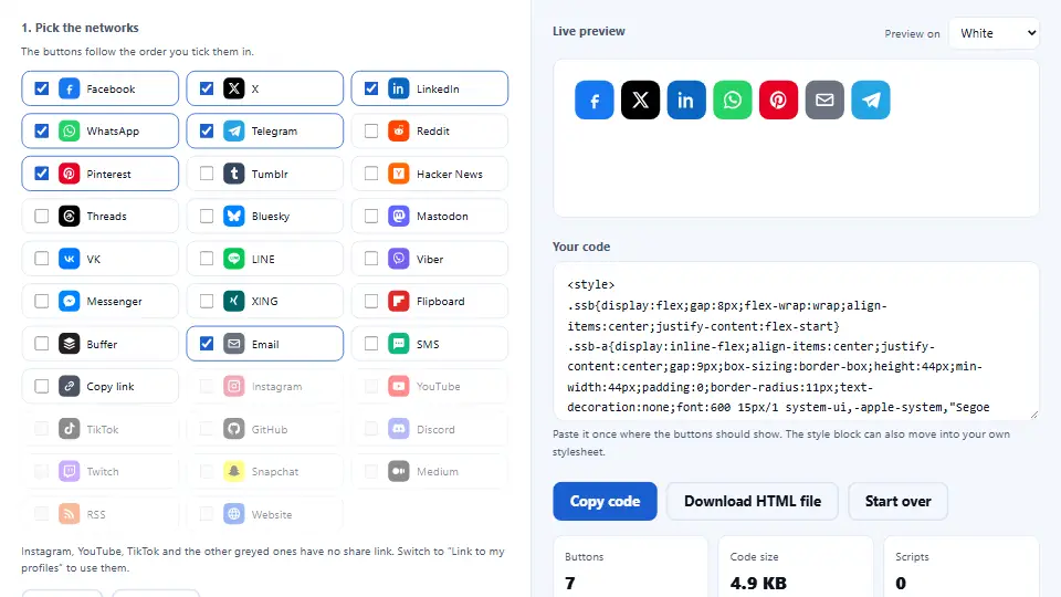 Share Buttons Generator mit angehakten Netzwerken und abgerundeten Buttons in Markenfarben in der Vorschau Share Buttons Generator mit angehakten Netzwerken und abgerundeten Buttons in Markenfarben in der Vorschau
