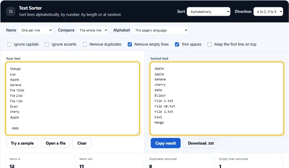 Herramienta para ordenar texto que pone en orden alfabético una lista mixta de frutas y nombres de archivo, con comprobaciones debajo