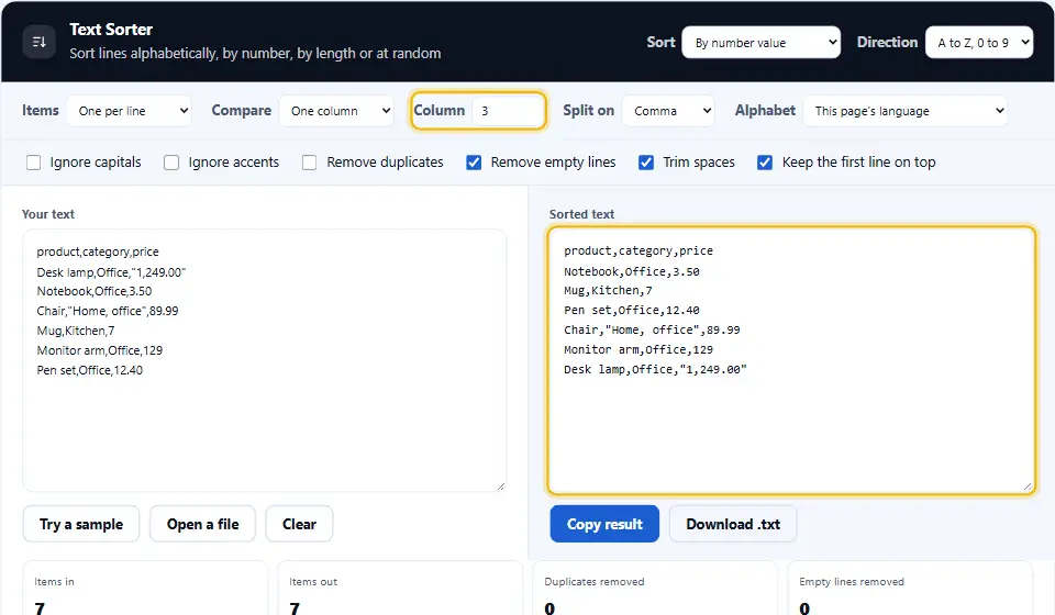 Righe CSV ordinate per il numero della terza colonna mentre l’intestazione resta in cima