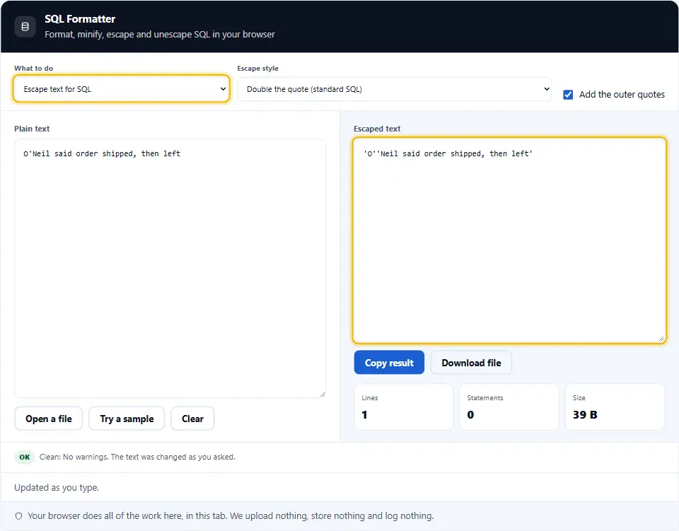 Formateador SQL en modo escape convirtiendo un nombre con una comilla simple en una cadena SQL segura