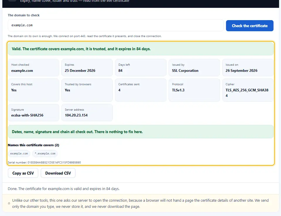 Verifica SSL che mostra l’emittente, le date di validità da e a e i giorni rimasti per example.com