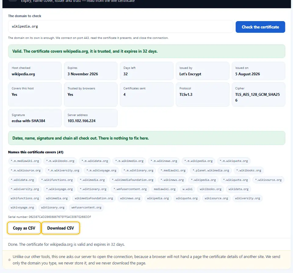 Verifica SSL con i pulsanti copia e scarica evidenziati sotto il report del certificato