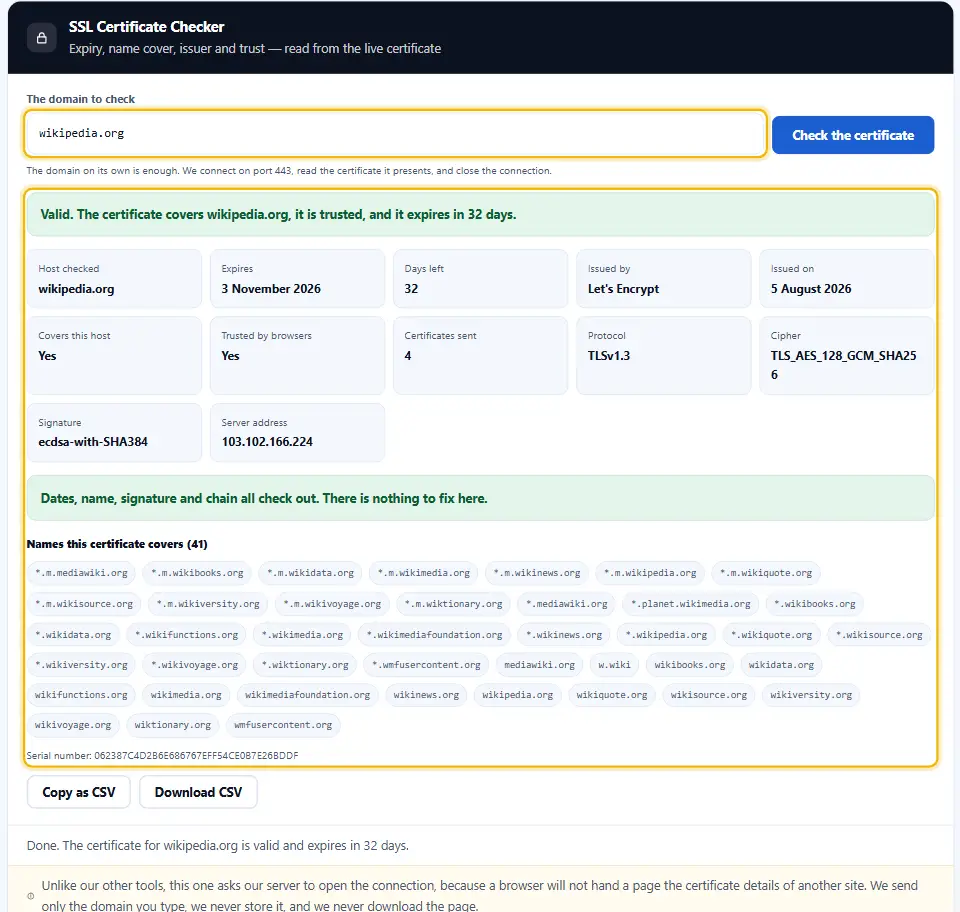 Comprobador SSL tras revisar wikipedia.org, con el cuadro de la dirección y el informe del certificado resaltados