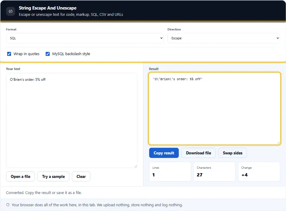 Werkzeug zum Strings escapen auf SQL gestellt, mit angehaktem MySQL-Backslash-Stil, das einen Namen mit Anführungszeichen in ein sicheres Literal verwandelt