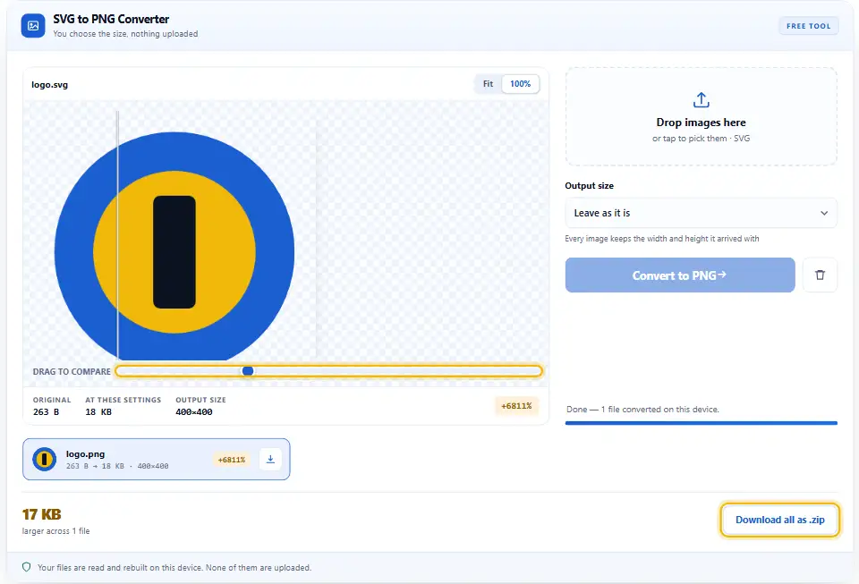محوّل SVG إلى PNG بتكبير 100 بالمئة ومؤشر المقارنة إلى اليسار وتمييز زر تنزيل ZIP