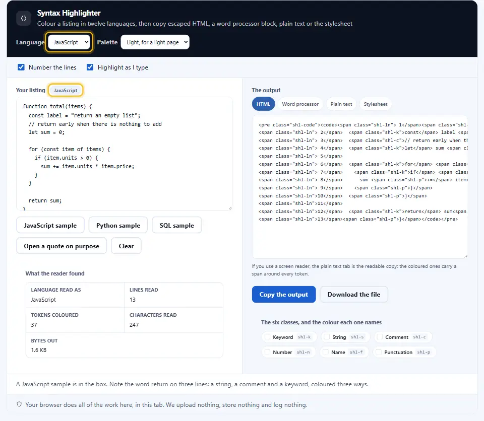 Selector de lenguaje del resaltador con doce opciones; cuatro comparten lector y algunas notas explican sus casos especiales Selector de lenguaje del resaltador con doce opciones; cuatro comparten lector y algunas notas explican sus casos especiales