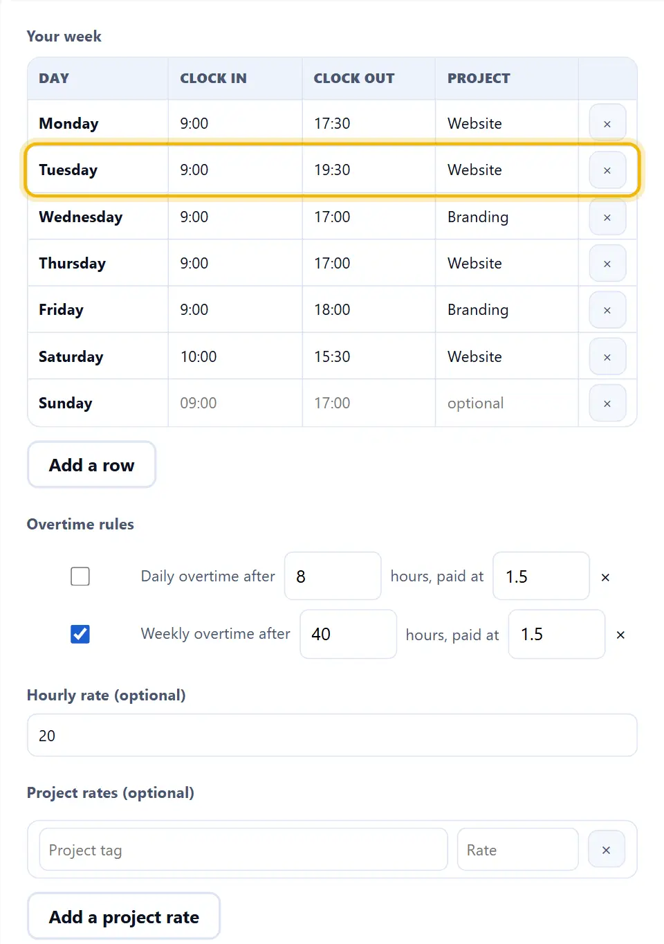 Calculadora de horas trabajadas con seis días de entradas y salidas, etiquetas de proyecto y una tarifa de 20 por hora