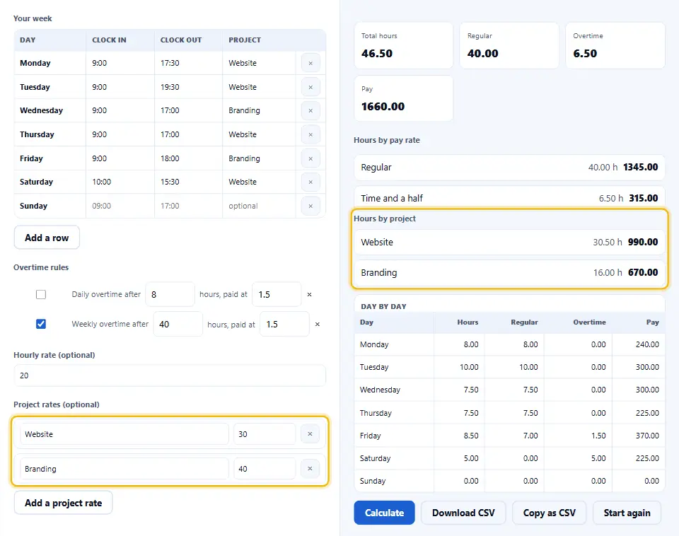 Calculadora de horas trabajadas con tarifas de 30 para Website y 40 para Branding, con el pago por proyecto