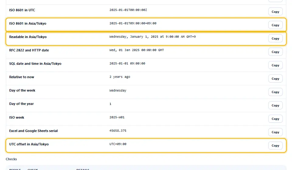 Lo stesso timestamp Unix mostrato nel fuso Asia/Tokyo, con l’ora ISO 8601 locale, la differenza da UTC e la data leggibile