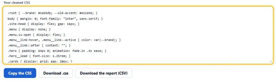 CSS نظيف من الأداة بعد قص القواعد الميتة، مع بقاء التعليقات والمسافات الأصلية CSS نظيف من الأداة بعد قص القواعد الميتة، مع بقاء التعليقات والمسافات الأصلية