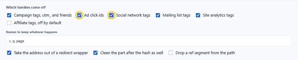 Pulitore di URL con tag di campagna, clic, social, posta e analisi spuntati, la lista da tenere e gli interruttori