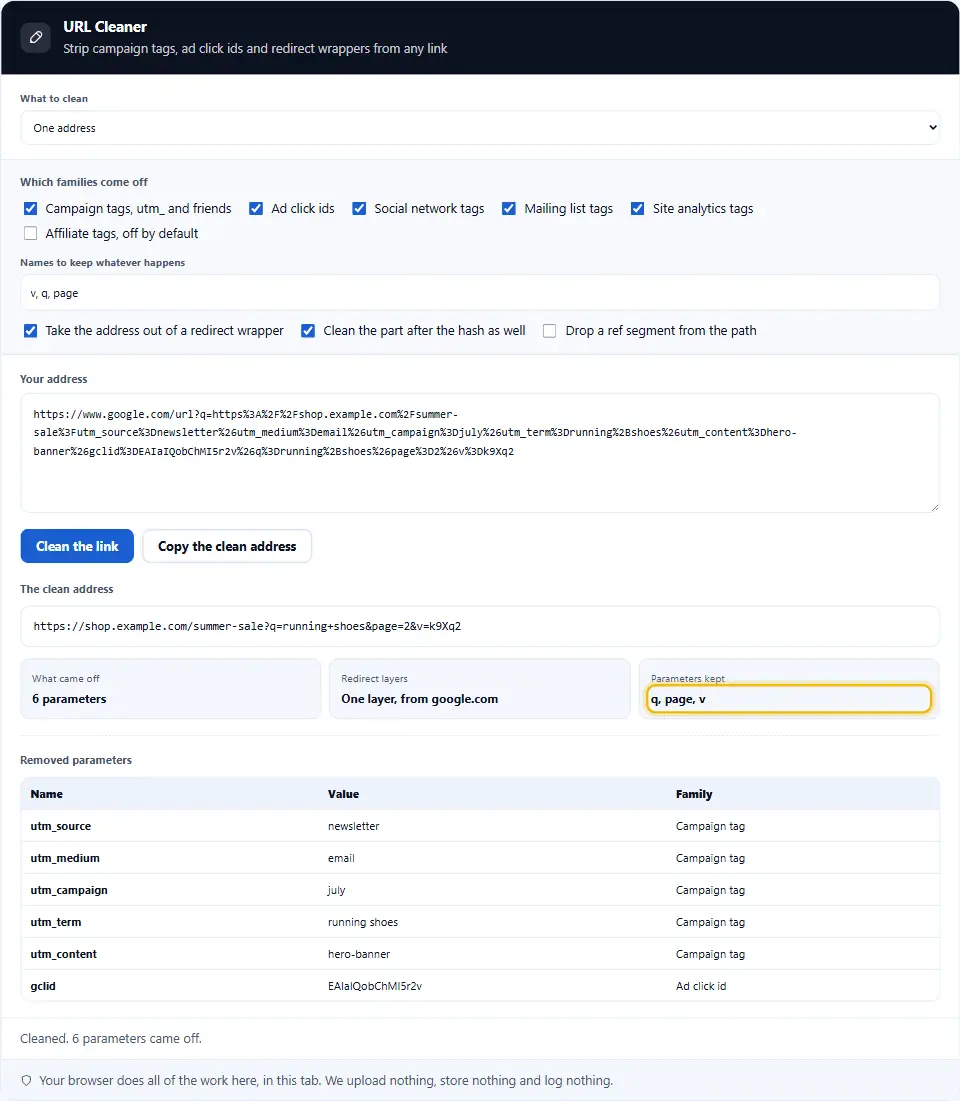 Lista da tenere del pulitore di URL: tiene video, ricerca e pagina, e rimuove i tag di tracciamento