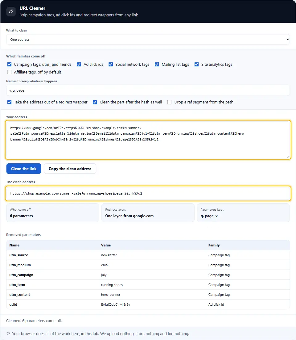 Pulitore di URL che apre un indirizzo google.com/url fino alla destinazione semplice del parametro q