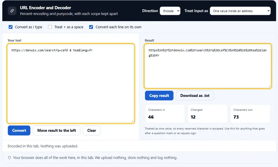 Codificatore di URL con un link che ha uno spazio, una e commerciale e una lettera accentata a sinistra e il risultato codificato in percentuale a destra