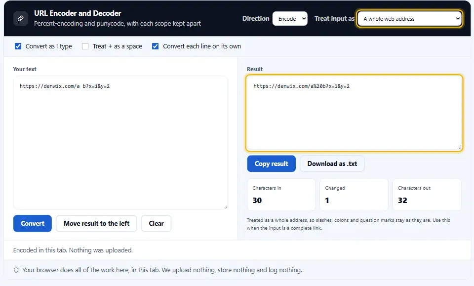 Codificatore di URL con l’ambito indirizzo completo scelto, così le barre e il punto interrogativo restano e viene codificato solo lo spazio