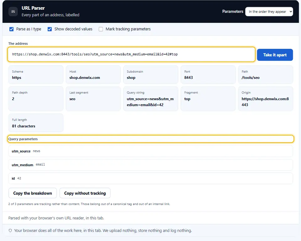 URL parser with a long web address typed in and its scheme, host, port, path, query and fragment listed below