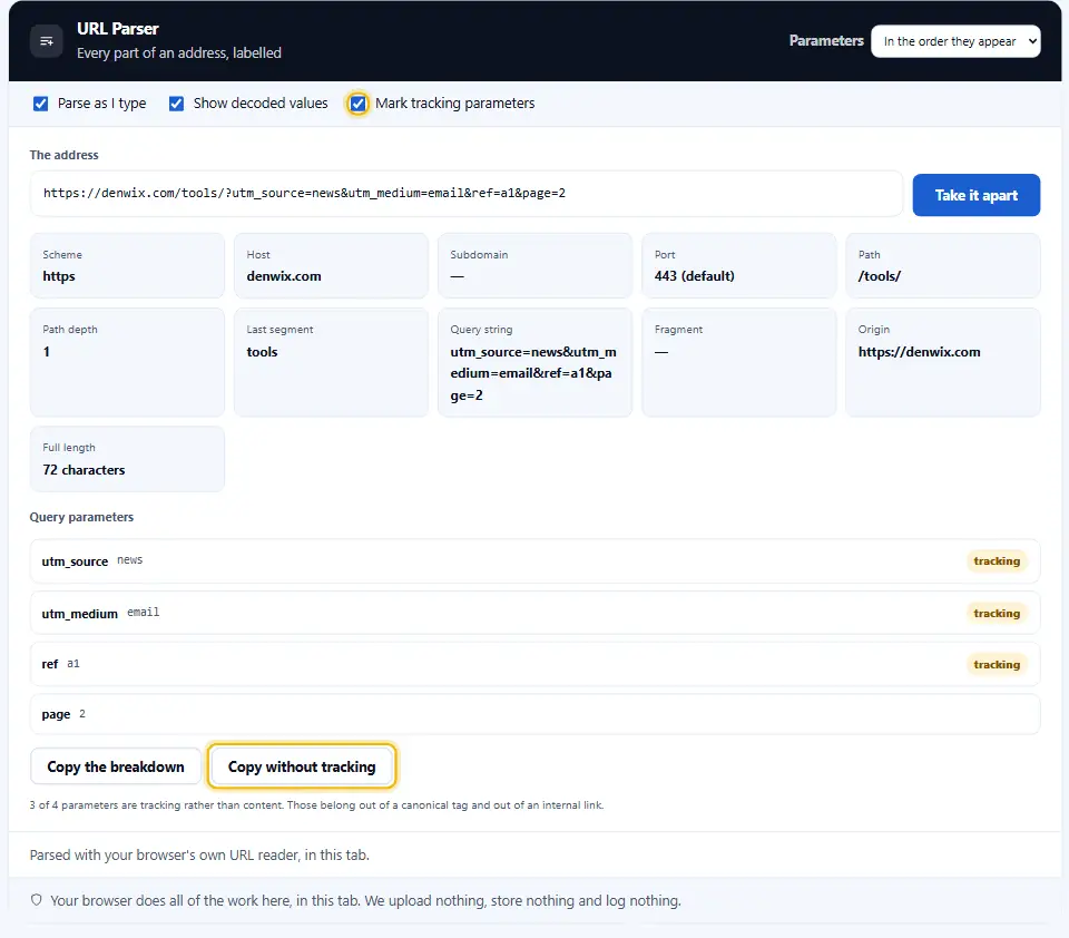 URL parser with the tracking parameter filter on, so the utm and ref values are marked and a clean link is offered