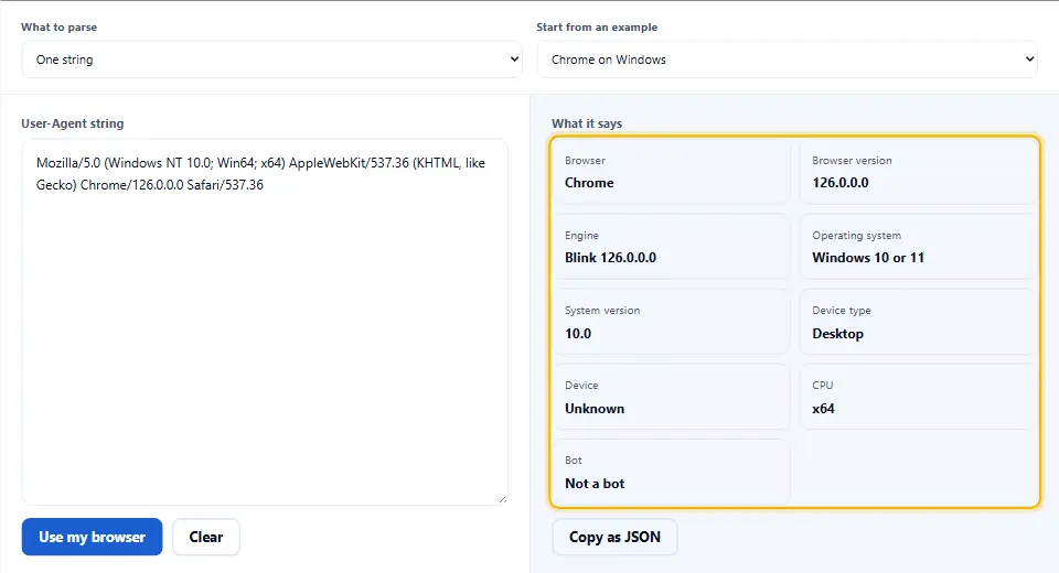 Analizador de user agent con una cadena de Chrome en Windows y tarjetas de resultado de navegador, motor, sistema y dispositivo