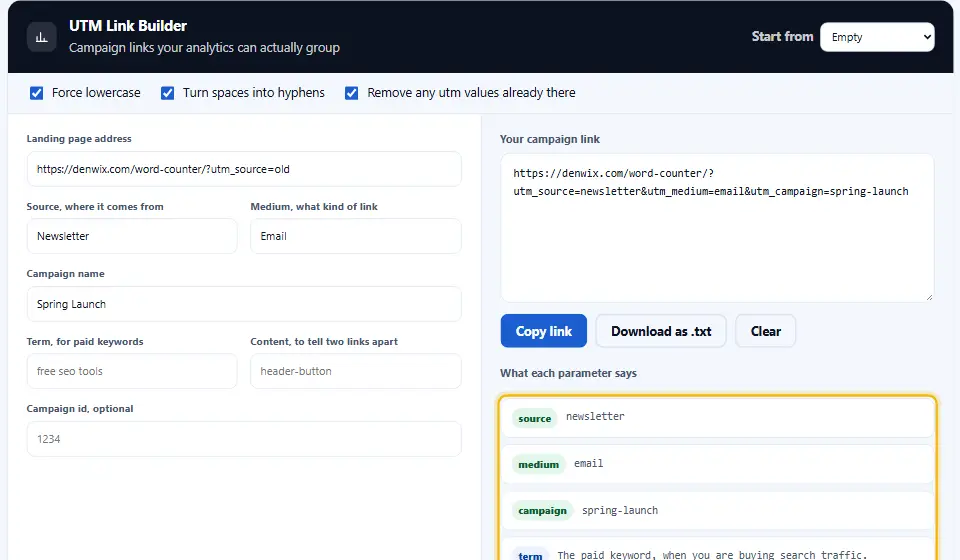 UTM link builder that cleaned an old source value out of the address, with the finished campaign link and the list that explains each parameter highlighted
