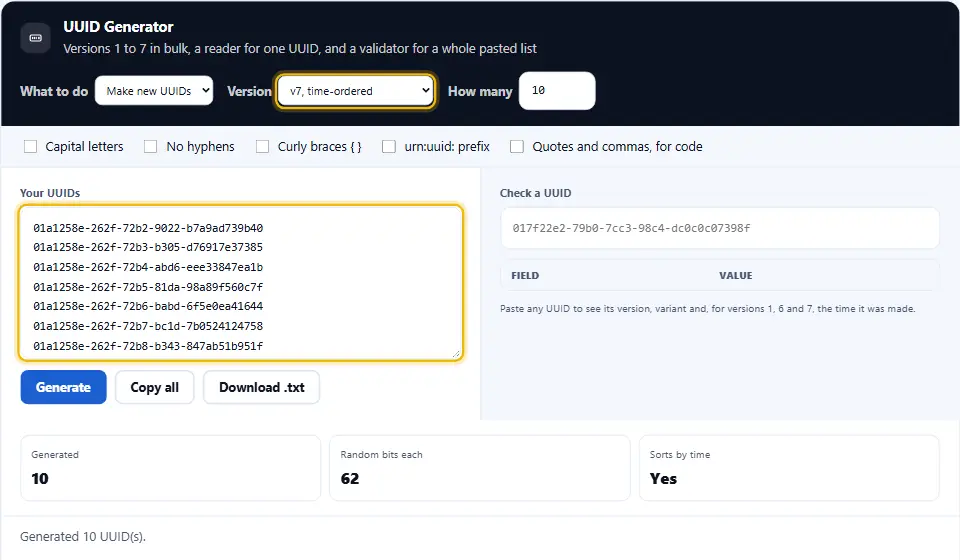 Generatore di UUID con dieci UUID di versione 7 in una lista e pulsanti per copiarli tutti o scaricarli come testo