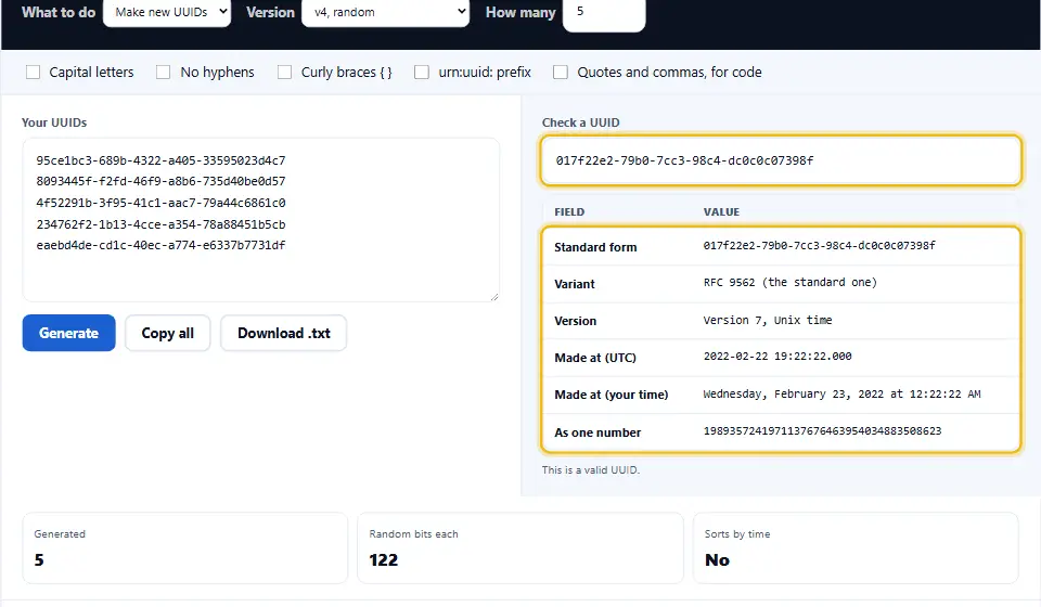 Lettore di UUID che analizza un UUID di versione 7 e mostra variante, versione e data e ora di creazione