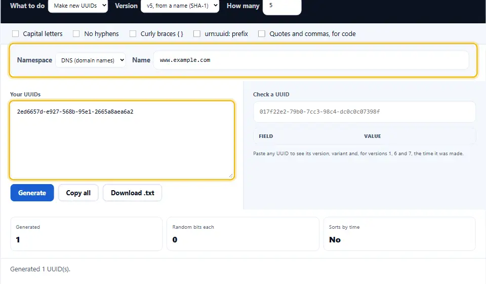 UUID di versione 5 creato con lo spazio DNS e il nome www.example.com, che dà 2ed6657d-e927-568b-95e1-2665a8aea6a2