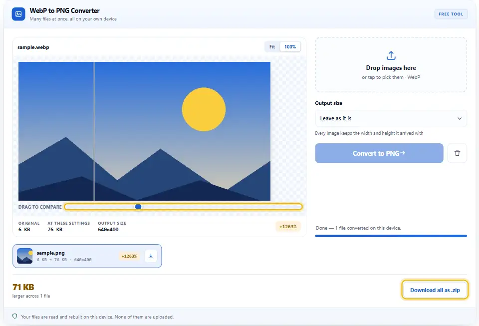 Conversor de WebP a PNG con zoom completo, el control de comparación a la izquierda y el botón de descarga ZIP marcado